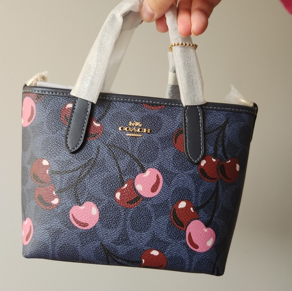 Coach Blue and Pink Cherry Print Women's BagCoach City Mini Tote Bag In Signatur - Picture 1 of 9